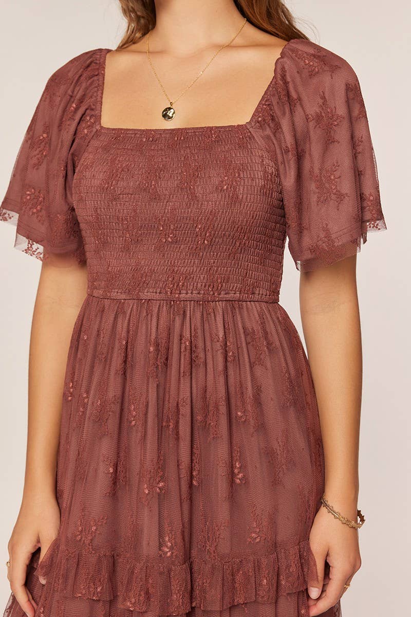 Tea n Rose - Jacquard Mesh Smocking Tiered Dress
