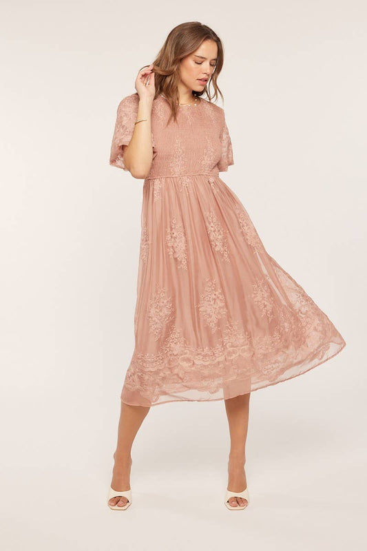 Tea n Rose - Floral Embroidered Mesh Midi Dress