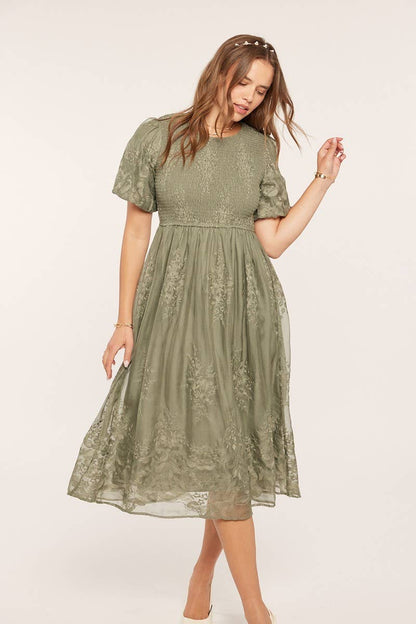 Tea n Rose - Floral Embroidered Mesh Midi Dress