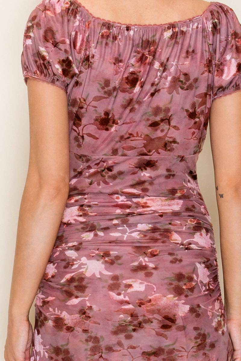 Tea n Rose - Ruched Floral Mesh Midi Dress