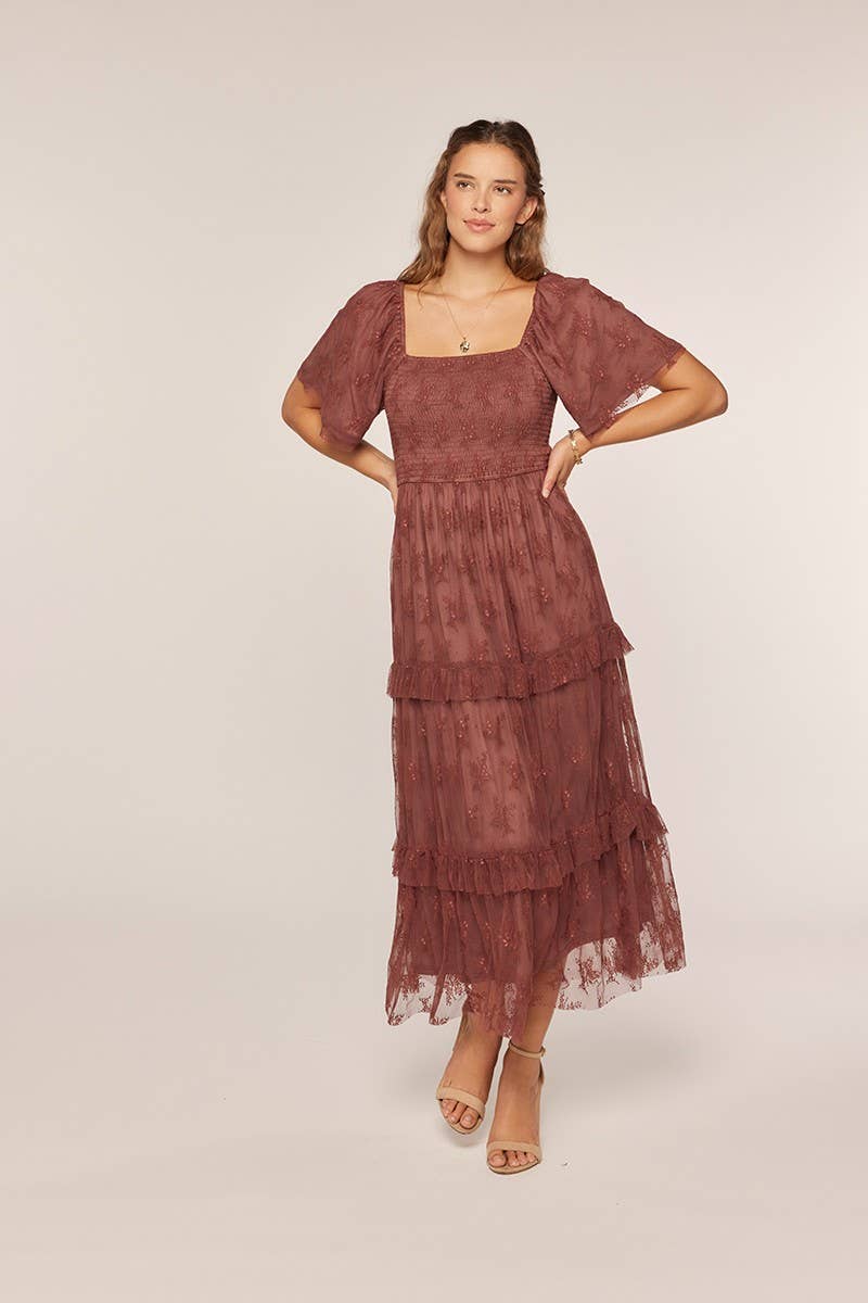 Tea n Rose - Jacquard Mesh Smocking Tiered Dress