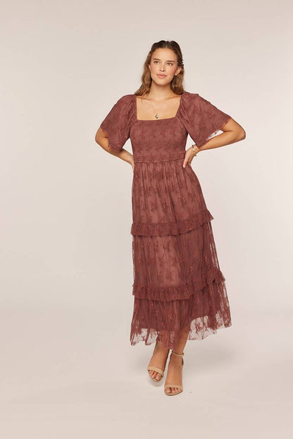 Tea n Rose - Jacquard Mesh Smocking Tiered Dress