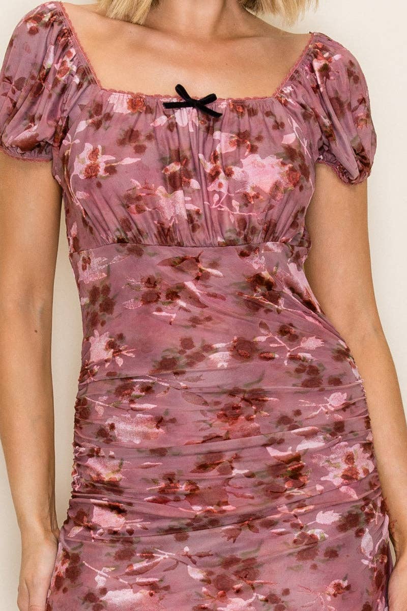Tea n Rose - Ruched Floral Mesh Midi Dress