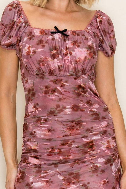 Tea n Rose - Ruched Floral Mesh Midi Dress