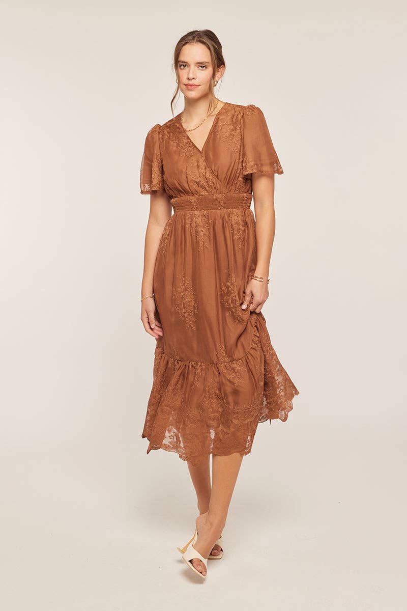 Tea n Rose - Embroidered Lace Surplice V-Neck Midi Dress