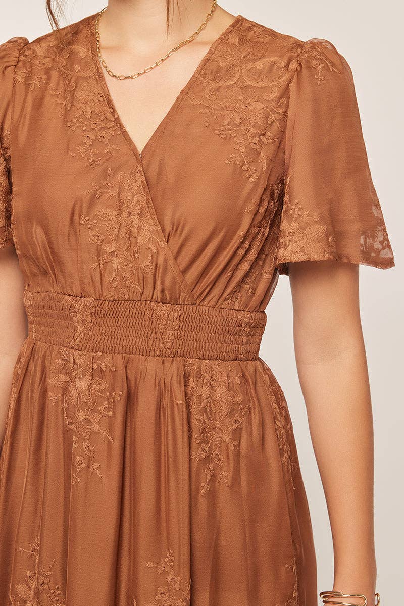Tea n Rose - Embroidered Lace Surplice V-Neck Midi Dress