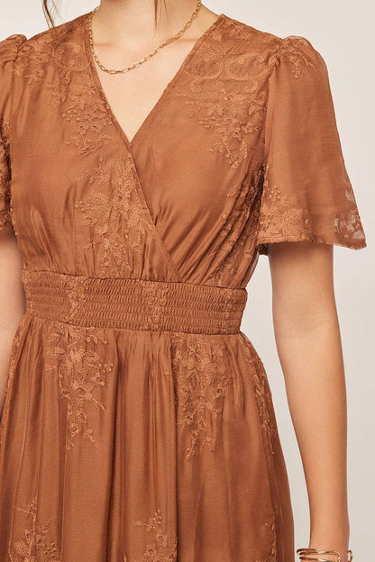 Tea n Rose - Embroidered Lace Surplice V-Neck Midi Dress