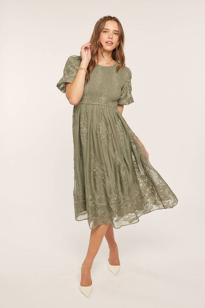 Tea n Rose - Floral Embroidered Mesh Midi Dress