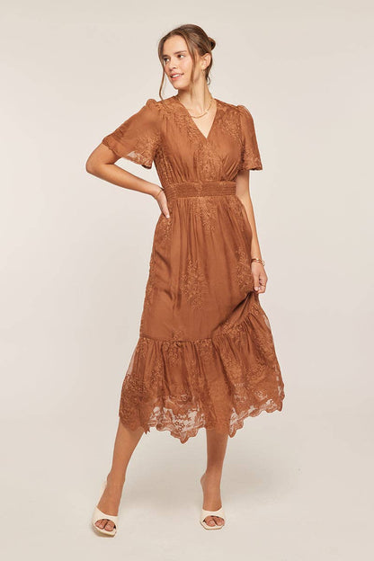 Tea n Rose - Embroidered Lace Surplice V-Neck Midi Dress