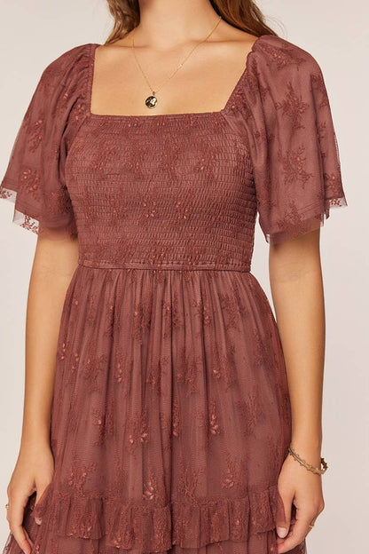 Tea n Rose - Jacquard Mesh Smocking Tiered Dress