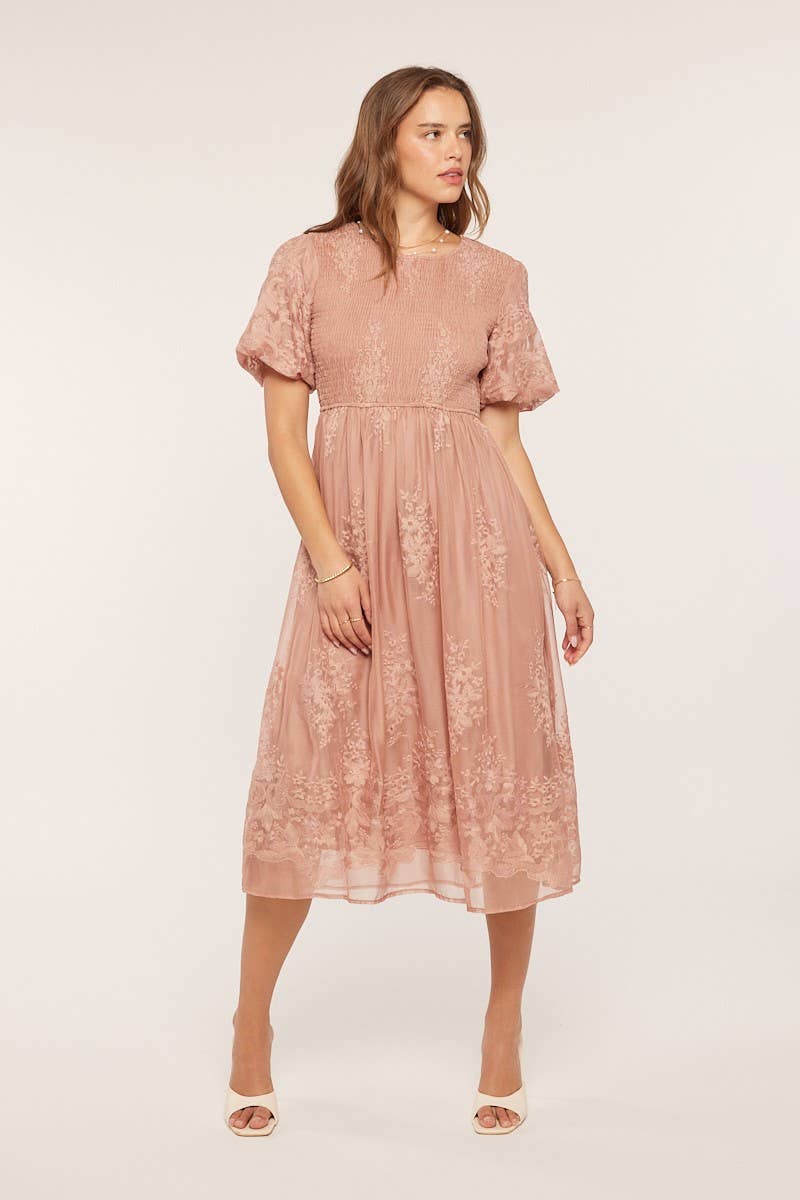 Tea n Rose - Floral Embroidered Mesh Midi Dress