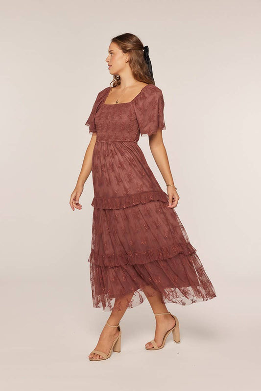 Tea n Rose - Jacquard Mesh Smocking Tiered Dress