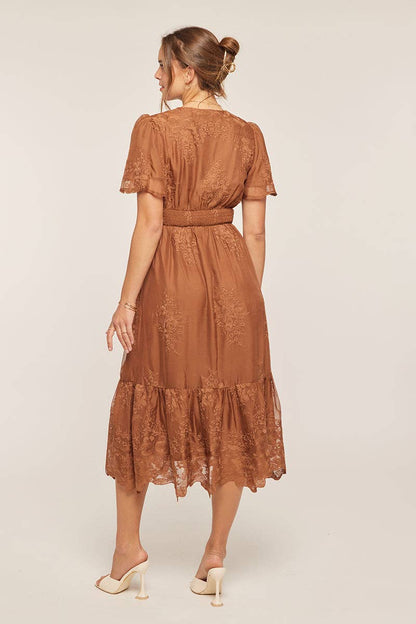 Tea n Rose - Embroidered Lace Surplice V-Neck Midi Dress