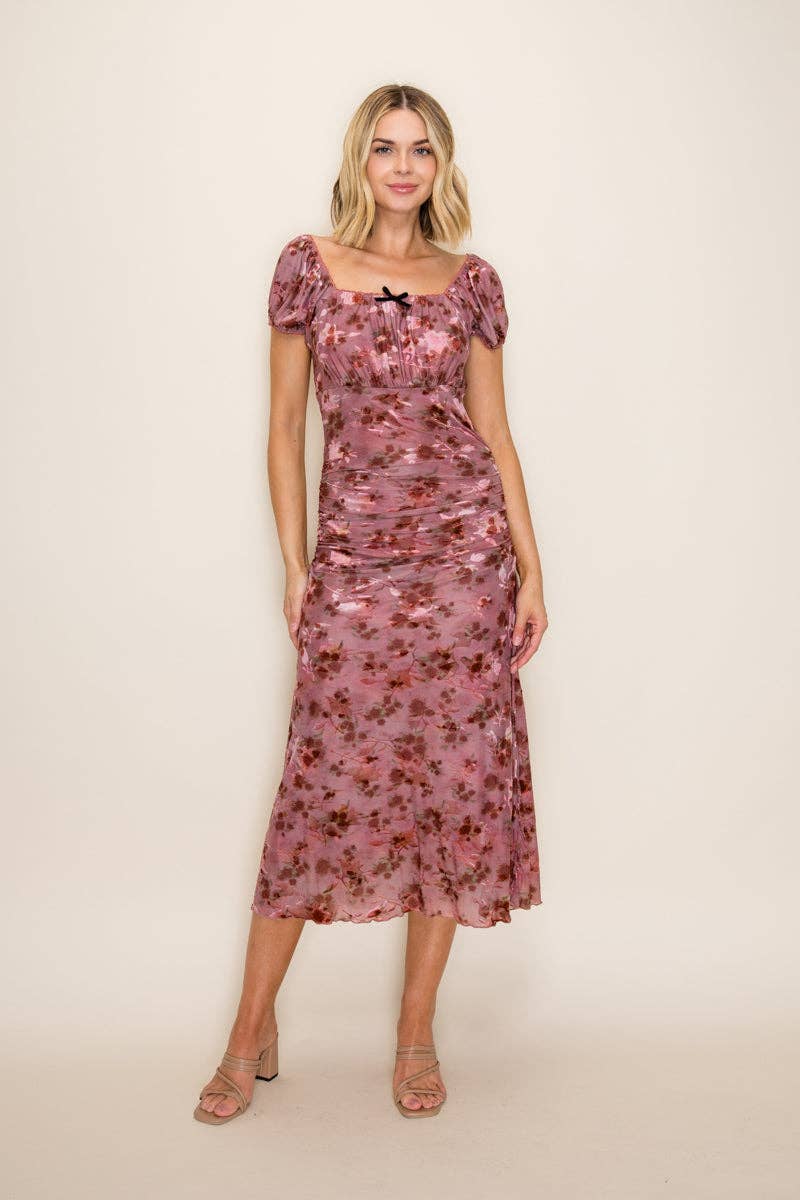 Tea n Rose - Ruched Floral Mesh Midi Dress