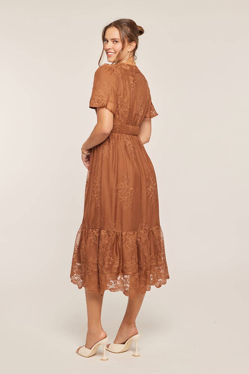Tea n Rose - Embroidered Lace Surplice V-Neck Midi Dress