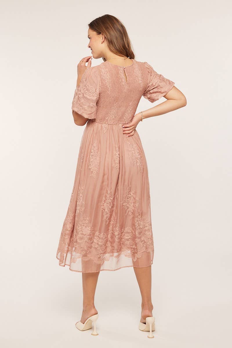 Tea n Rose - Floral Embroidered Mesh Midi Dress