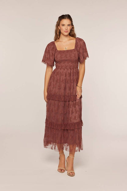 Tea n Rose - Jacquard Mesh Smocking Tiered Dress