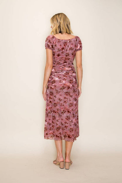 Tea n Rose - Ruched Floral Mesh Midi Dress