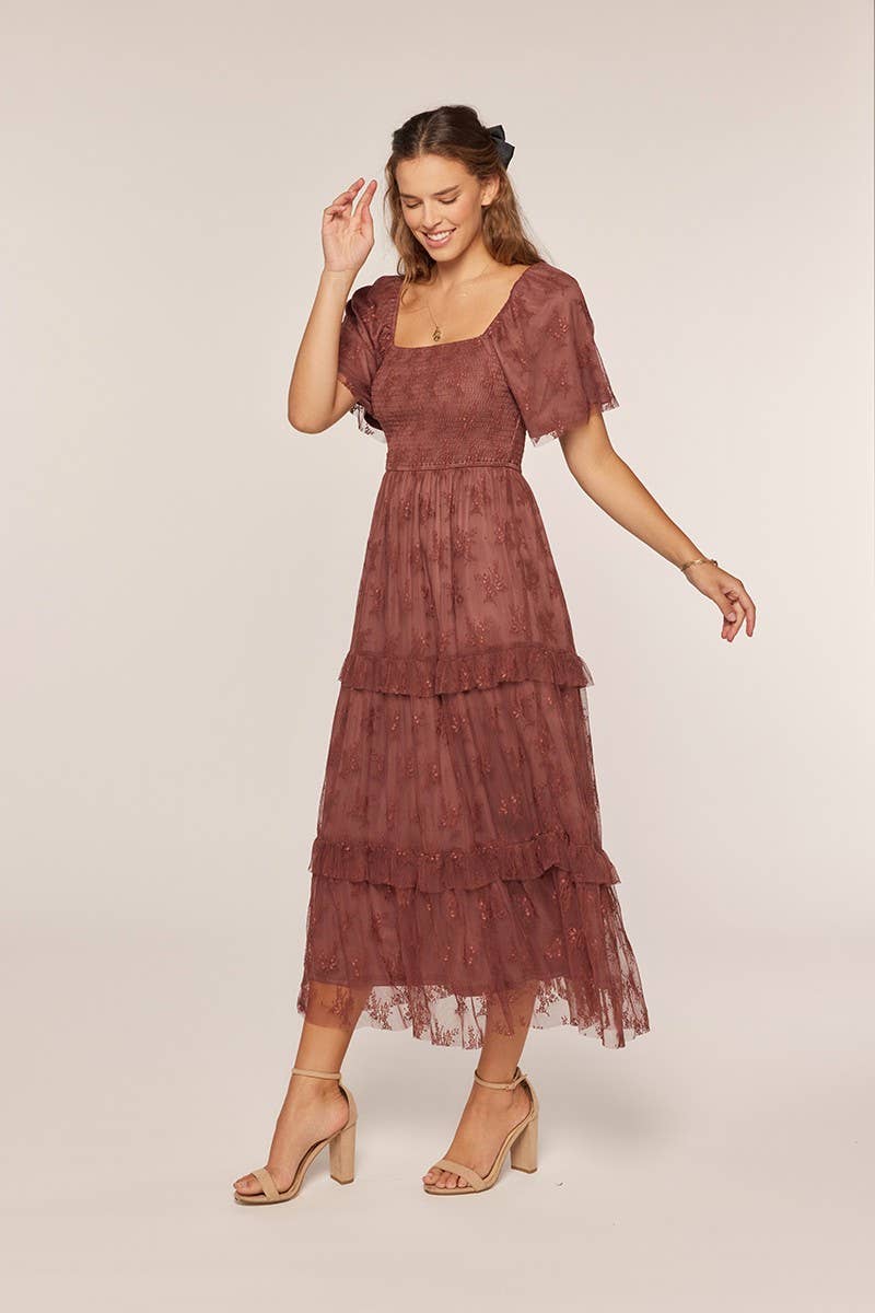 Tea n Rose - Jacquard Mesh Smocking Tiered Dress