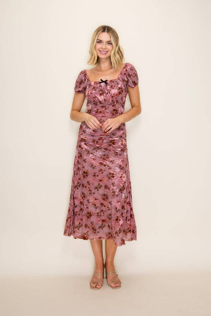 Tea n Rose - Ruched Floral Mesh Midi Dress