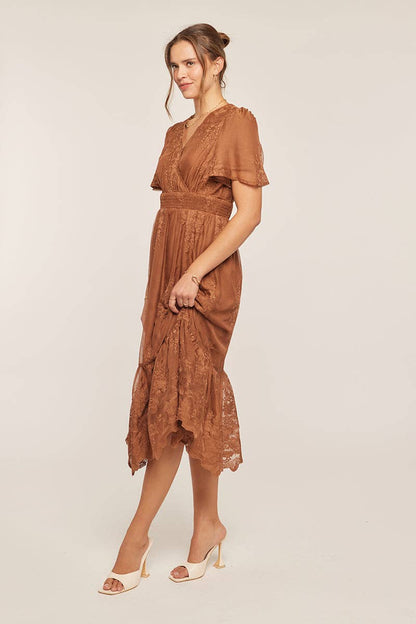 Tea n Rose - Embroidered Lace Surplice V-Neck Midi Dress