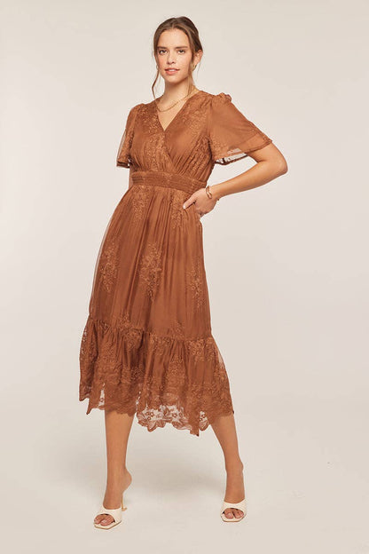 Tea n Rose - Embroidered Lace Surplice V-Neck Midi Dress